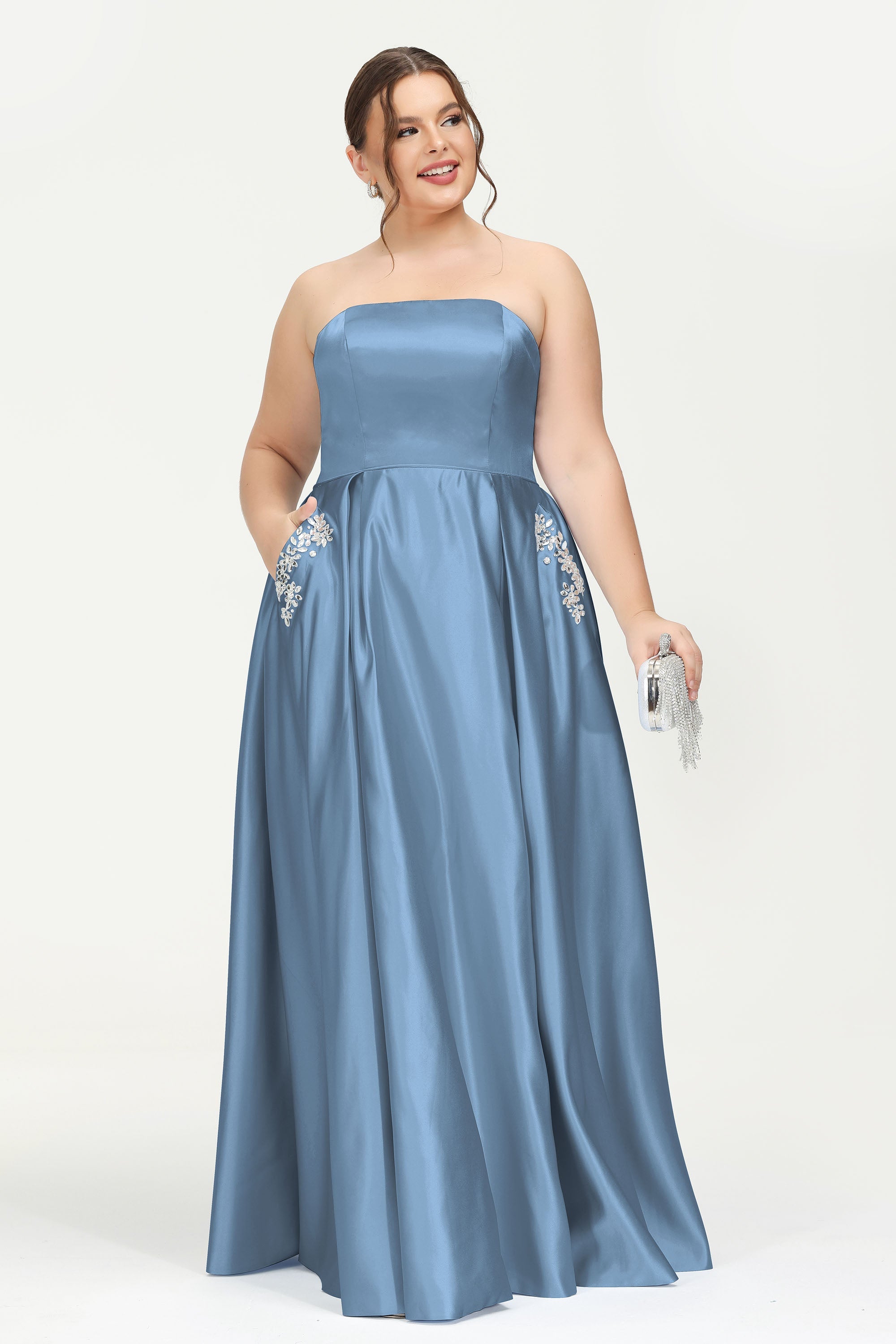 Strapless Satin A Line Princess Dress Rhinestone Ruched Formal Evening Prom Party Dresses