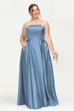 Strapless Satin A Line Princess Dress Rhinestone Ruched Formal Evening Prom Party Dresses