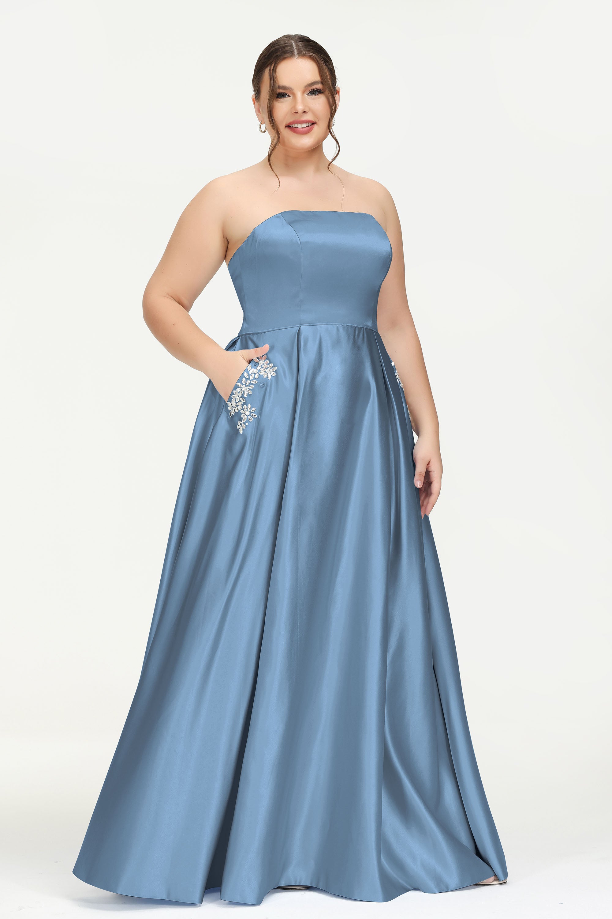 Strapless Satin A Line Princess Dress Rhinestone Ruched Formal Evening Prom Party Dresses