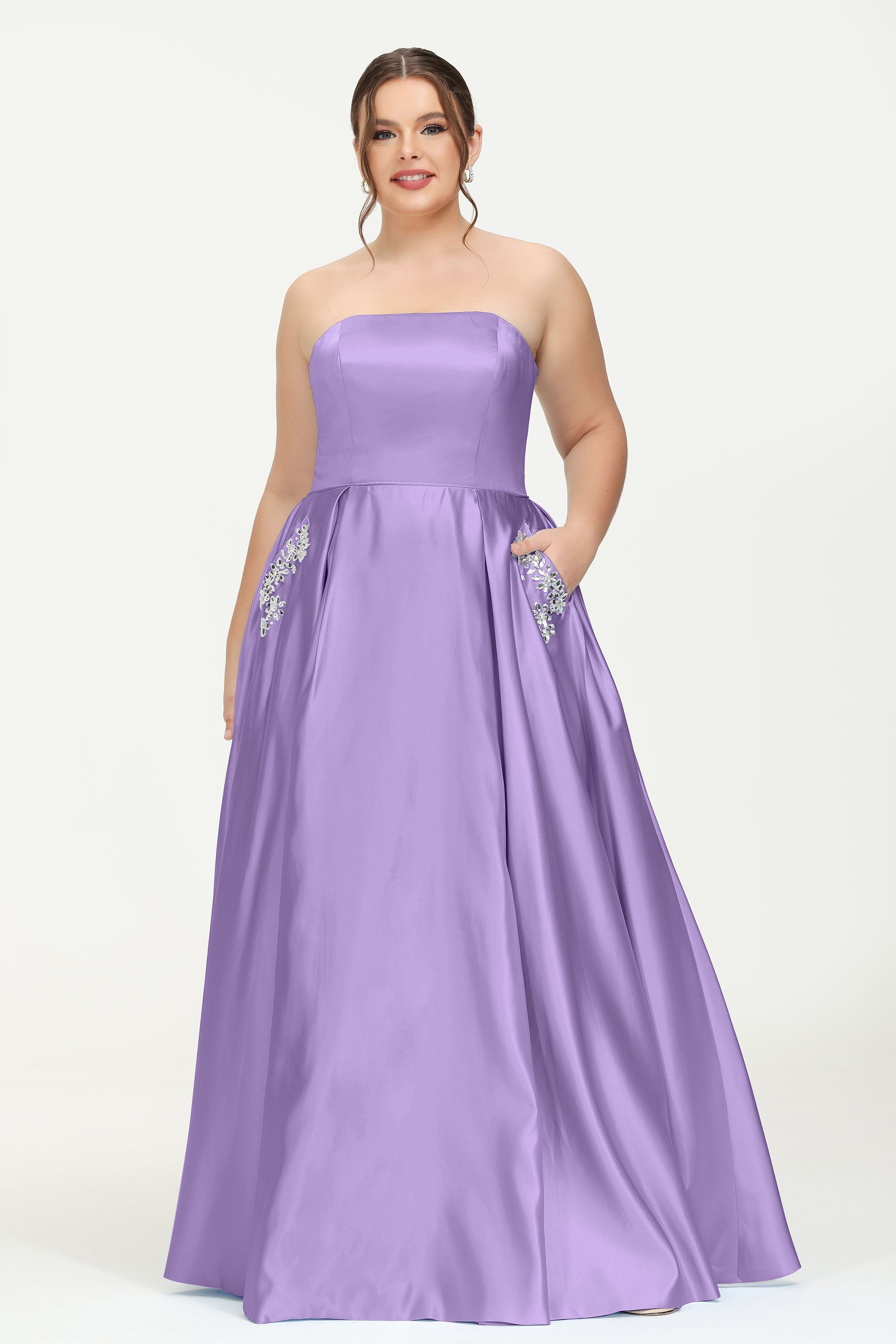 Strapless Satin A Line Princess Dress Rhinestone Ruched Formal Evening Prom Party Dresses