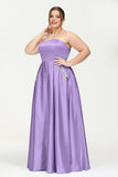 Strapless Satin A Line Princess Dress Rhinestone Ruched Formal Evening Prom Party Dresses