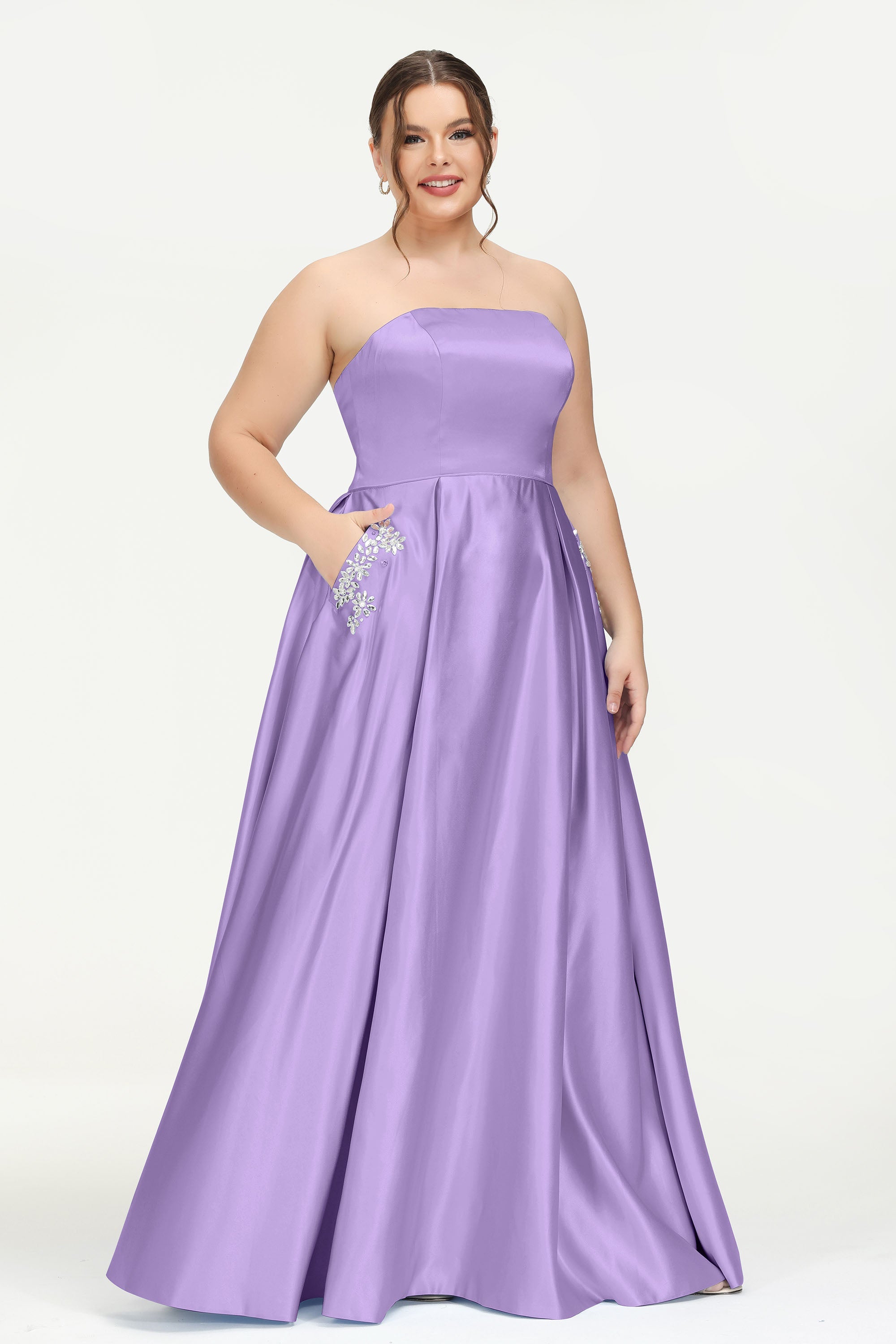 Strapless Satin A Line Princess Dress Rhinestone Ruched Formal Evening Prom Party Dresses