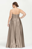 Strapless Satin A Line Princess Dress Rhinestone Ruched Formal Evening Prom Party Dresses