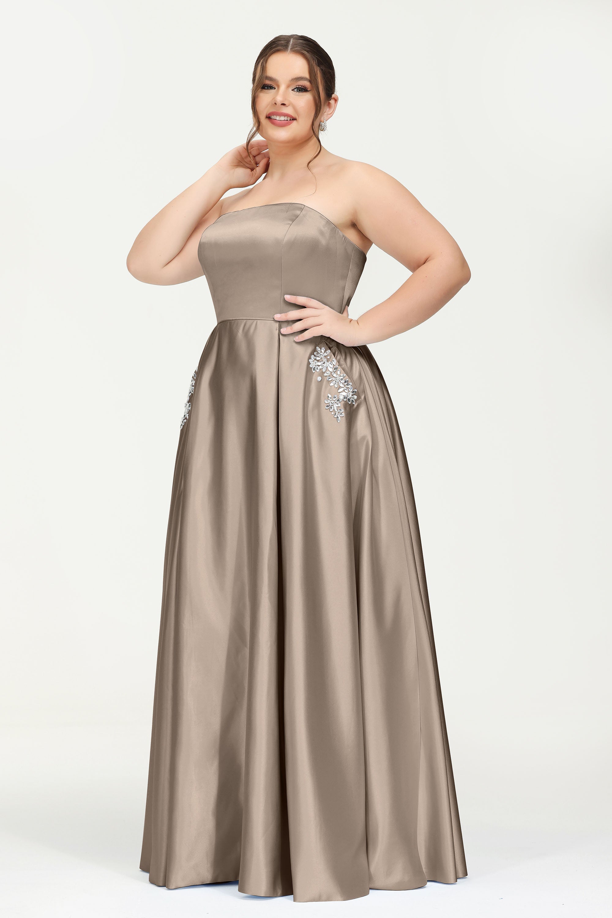 Strapless Satin A Line Princess Dress Rhinestone Ruched Formal Evening Prom Party Dresses