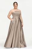 Strapless Satin A Line Princess Dress Rhinestone Ruched Formal Evening Prom Party Dresses