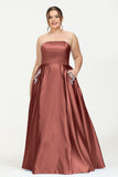 Strapless Satin A Line Princess Dress Rhinestone Ruched Formal Evening Prom Party Dresses