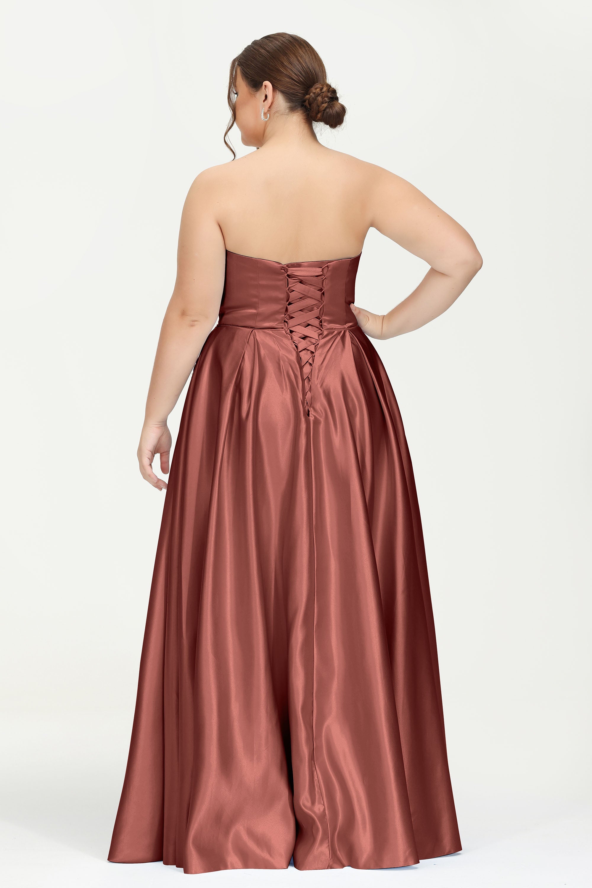 Strapless Satin A Line Princess Dress Rhinestone Ruched Formal Evening Prom Party Dresses