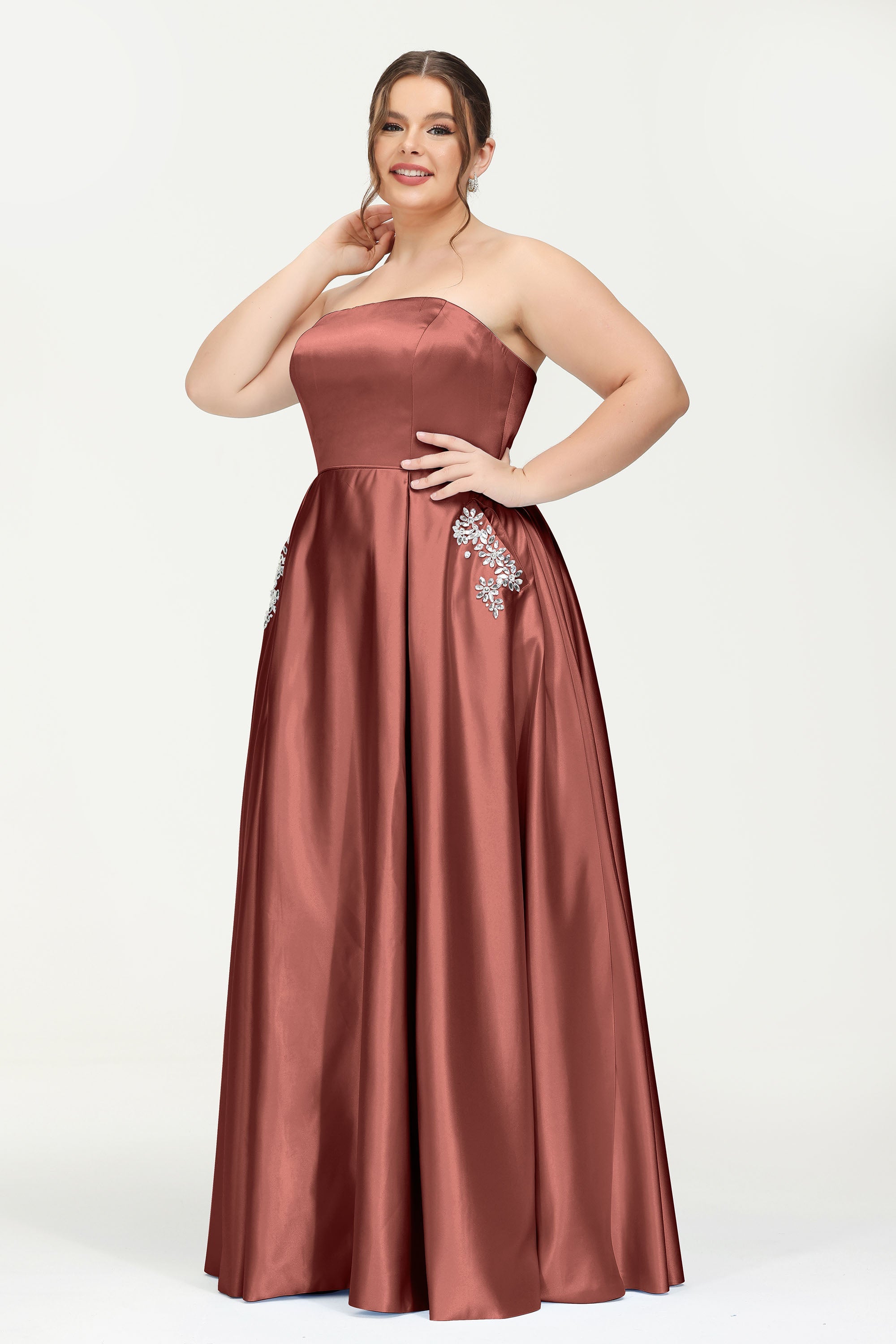 Strapless Satin A Line Princess Dress Rhinestone Ruched Formal Evening Prom Party Dresses