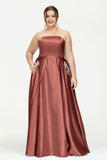 Strapless Satin A Line Princess Dress Rhinestone Ruched Formal Evening Prom Party Dresses