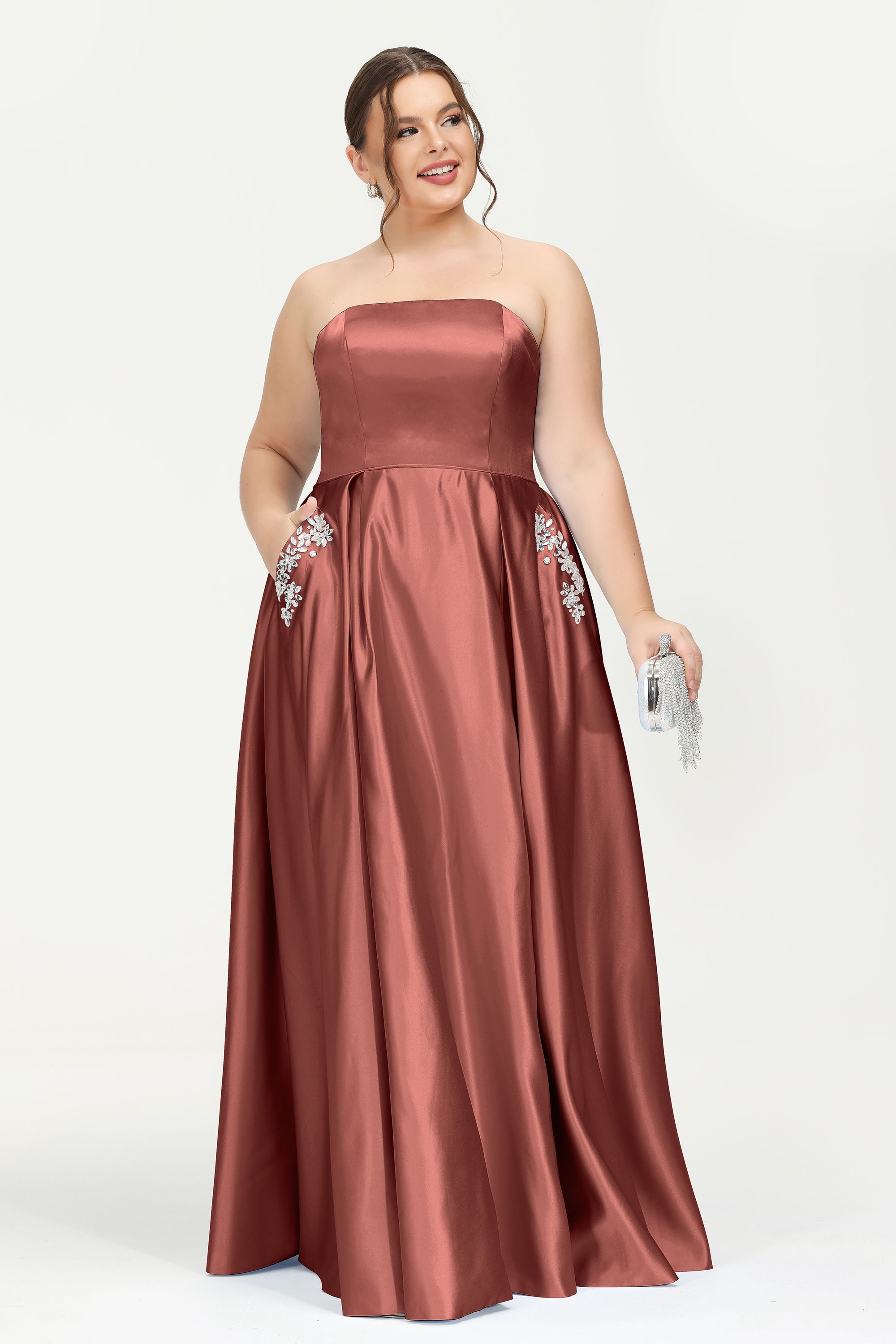 Strapless Satin A Line Princess Dress Rhinestone Ruched Formal Evening Prom Party Dresses