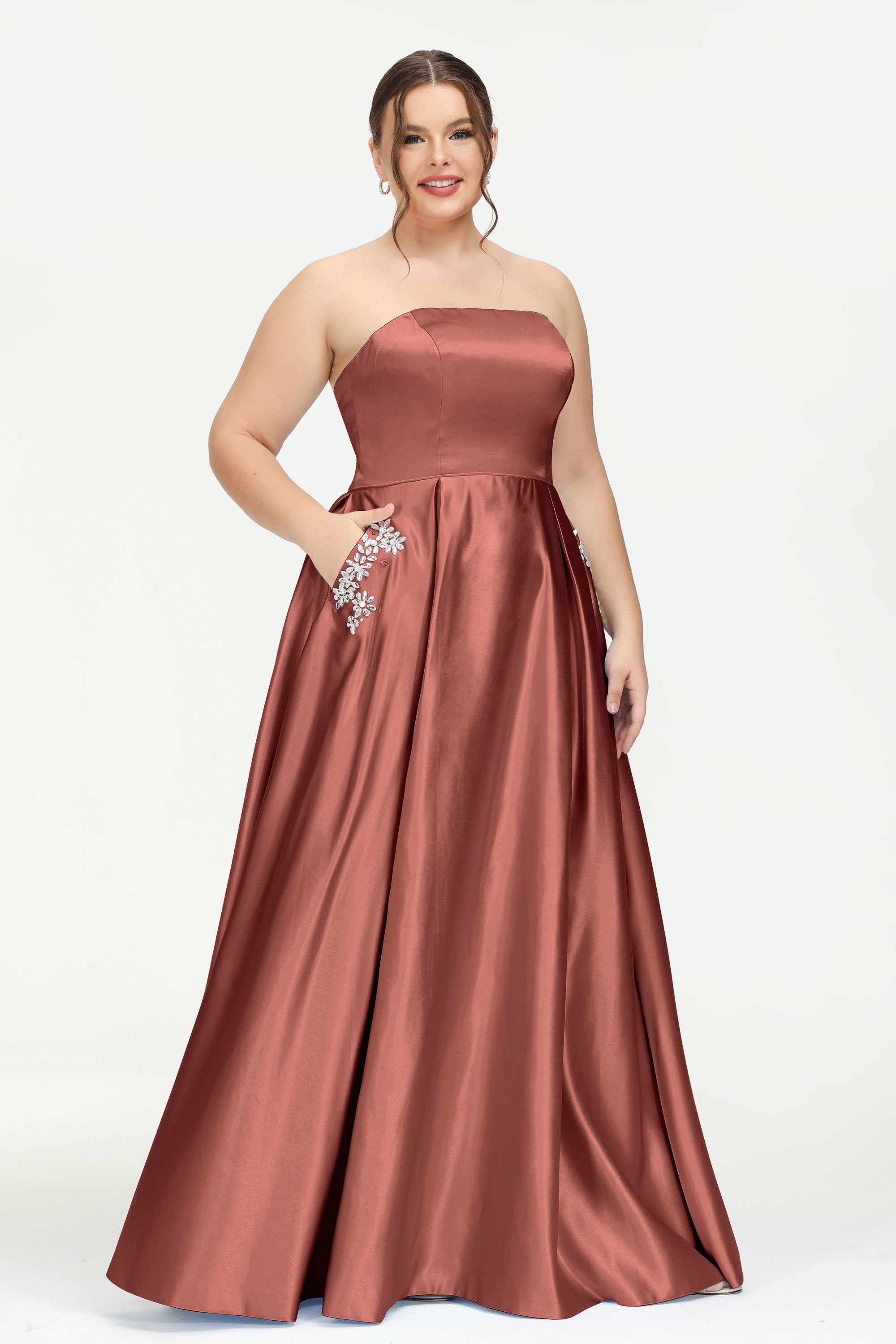 Strapless Satin A Line Princess Dress Rhinestone Ruched Formal Evening Prom Party Dresses