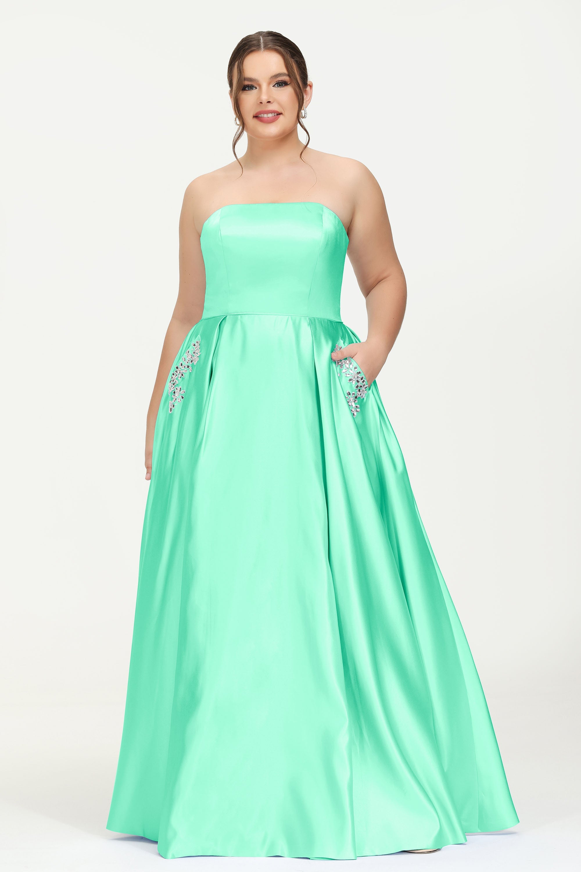 Strapless Satin A Line Princess Dress Rhinestone Ruched Formal Evening Prom Party Dresses