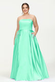 Strapless Satin A Line Princess Dress Rhinestone Ruched Formal Evening Prom Party Dresses