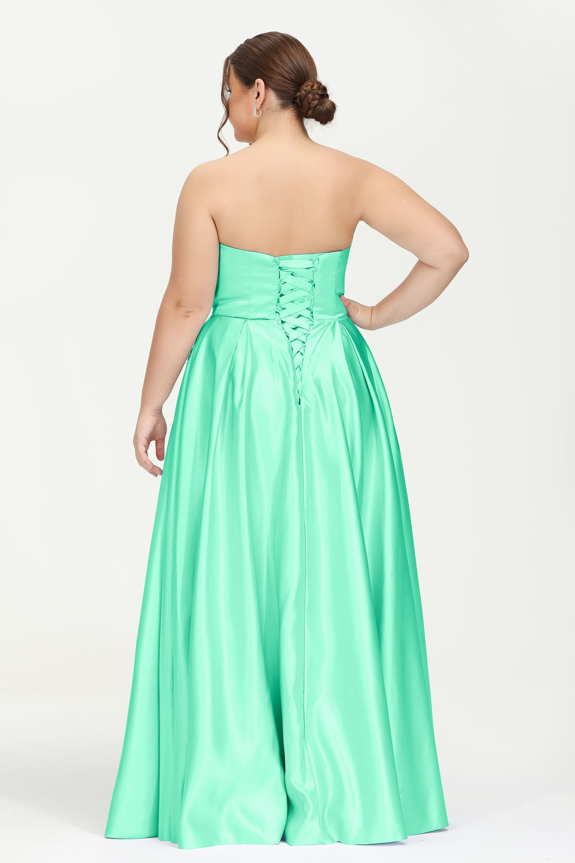 Strapless Satin A Line Princess Dress Rhinestone Ruched Formal Evening Prom Party Dresses
