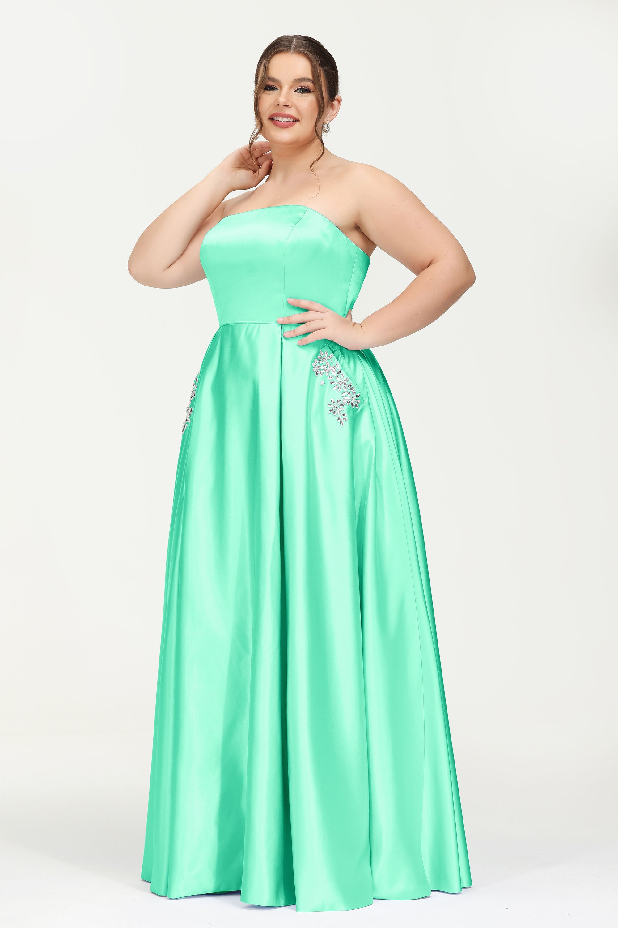Strapless Satin A Line Princess Dress Rhinestone Ruched Formal Evening Prom Party Dresses