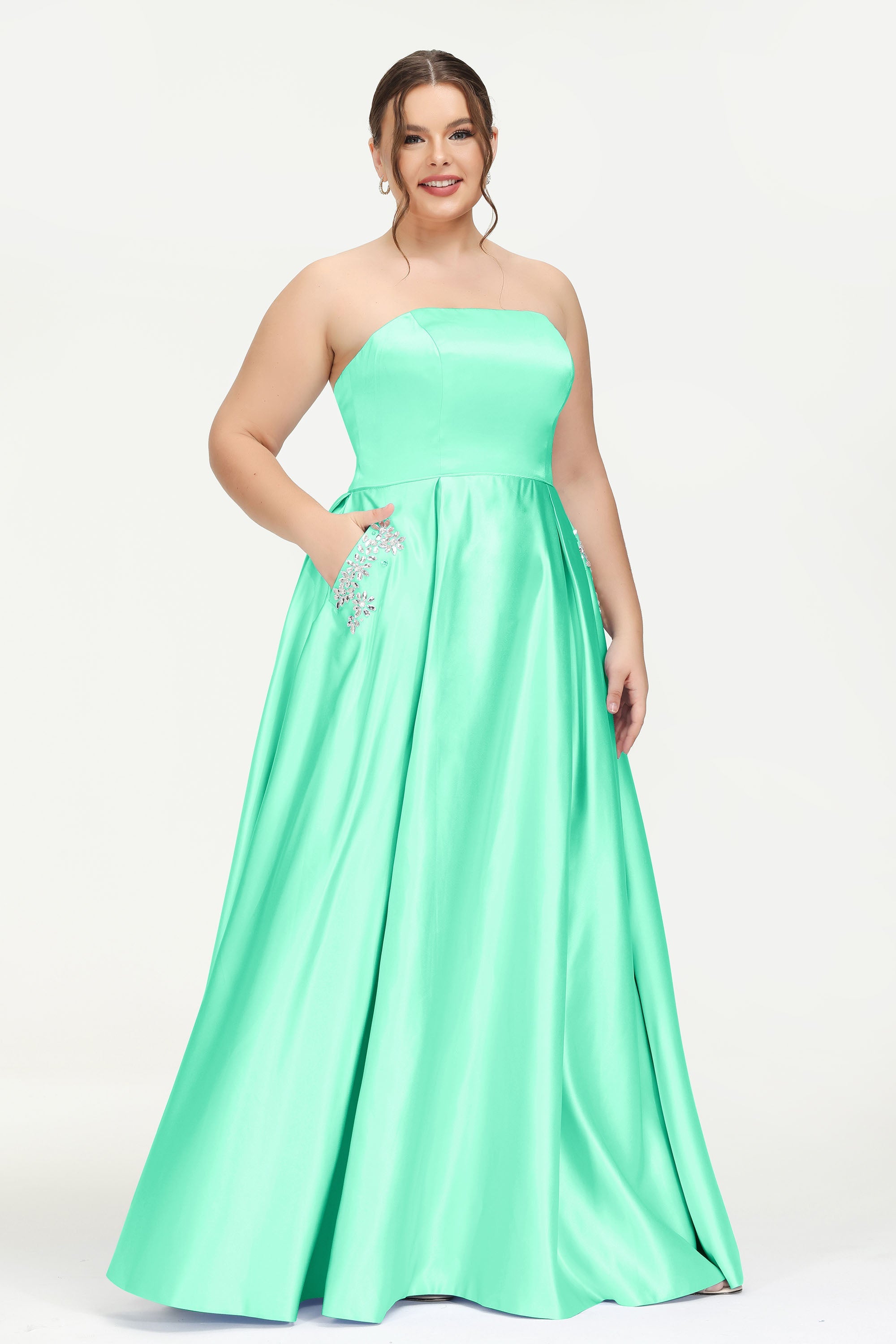 Strapless Satin A Line Princess Dress Rhinestone Ruched Formal Evening Prom Party Dresses