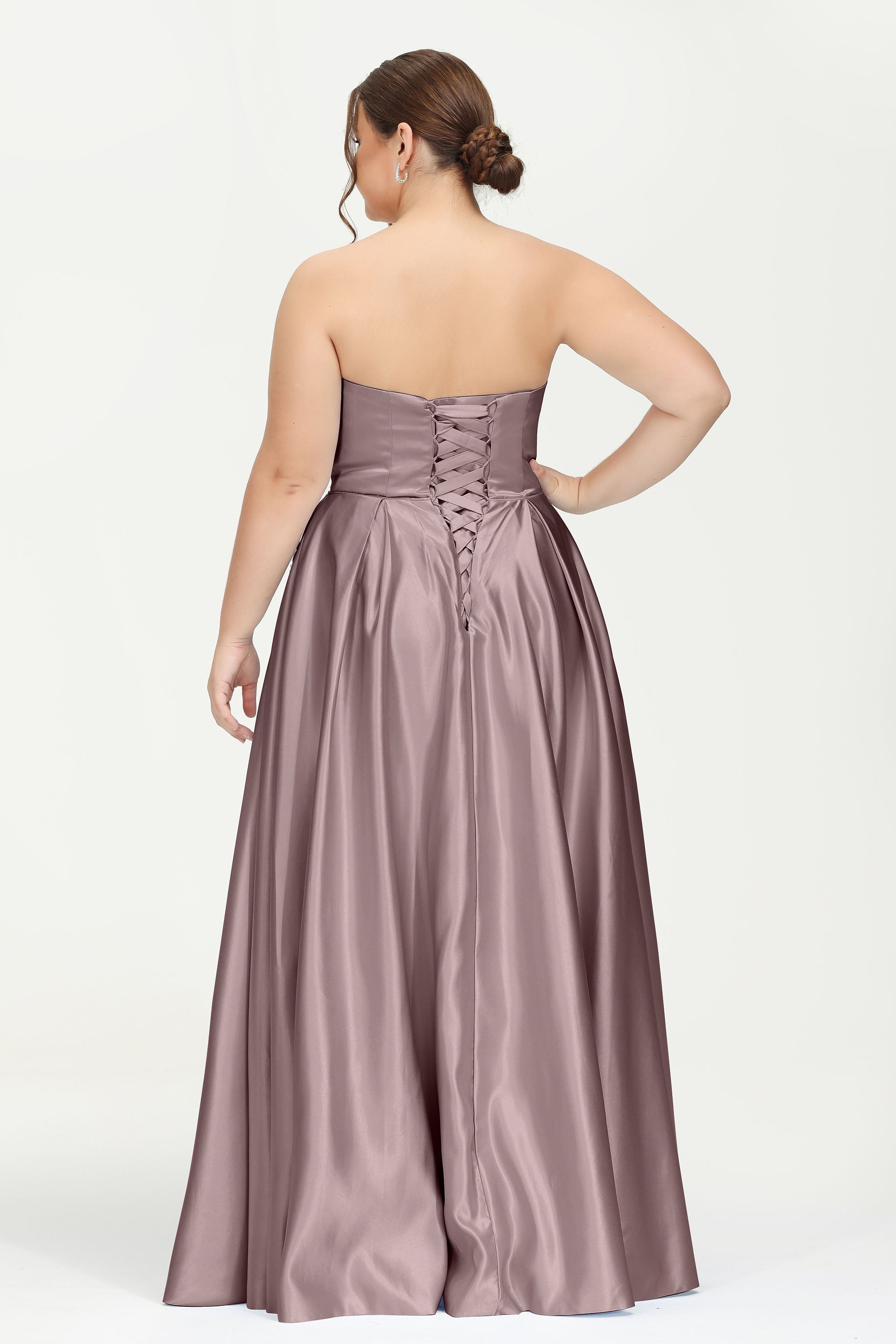 Strapless Satin A Line Princess Dress Rhinestone Ruched Formal Evening Prom Party Dresses