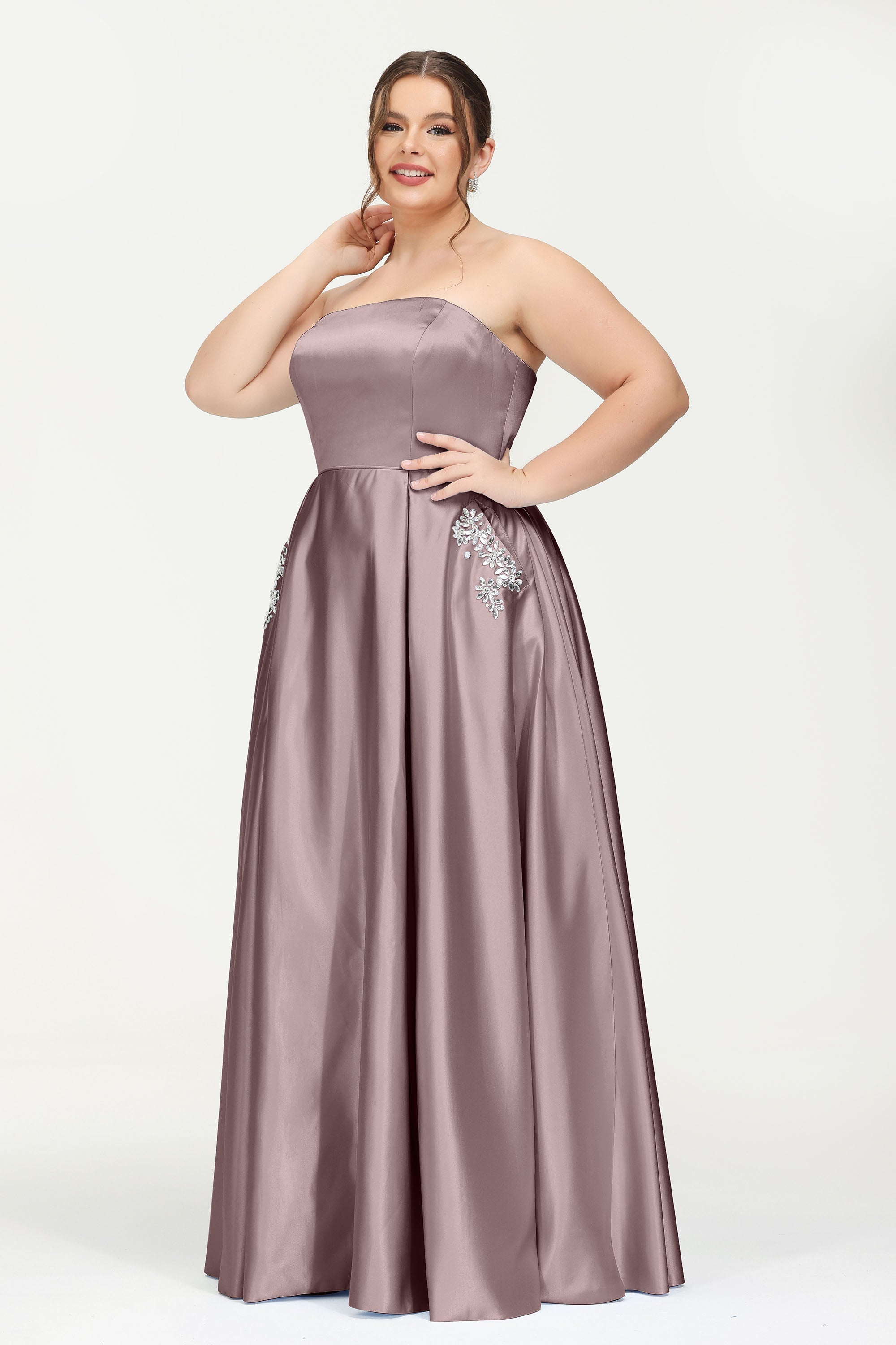 Strapless Satin A Line Princess Dress Rhinestone Ruched Formal Evening Prom Party Dresses