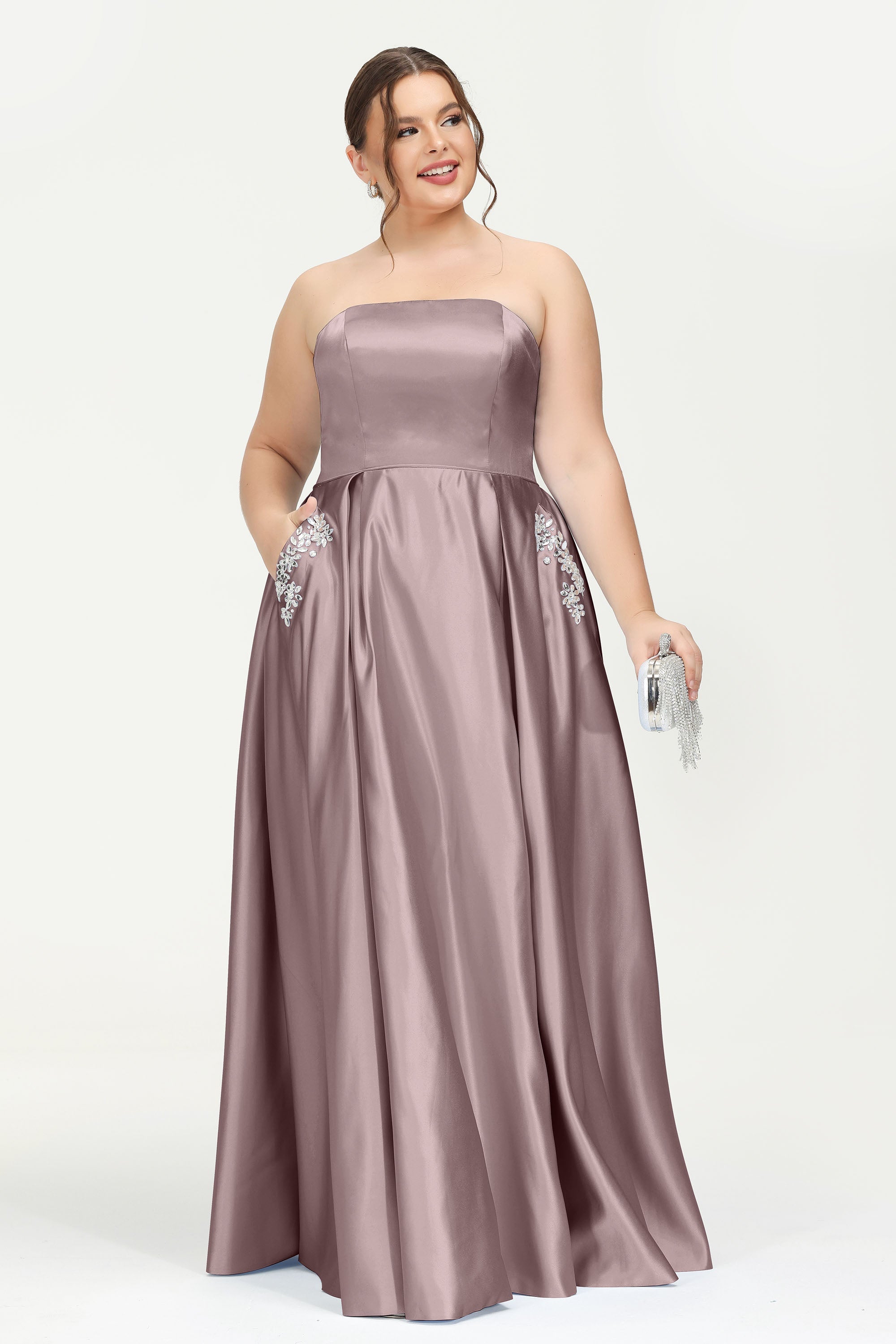 Strapless Satin A Line Princess Dress Rhinestone Ruched Formal Evening Prom Party Dresses