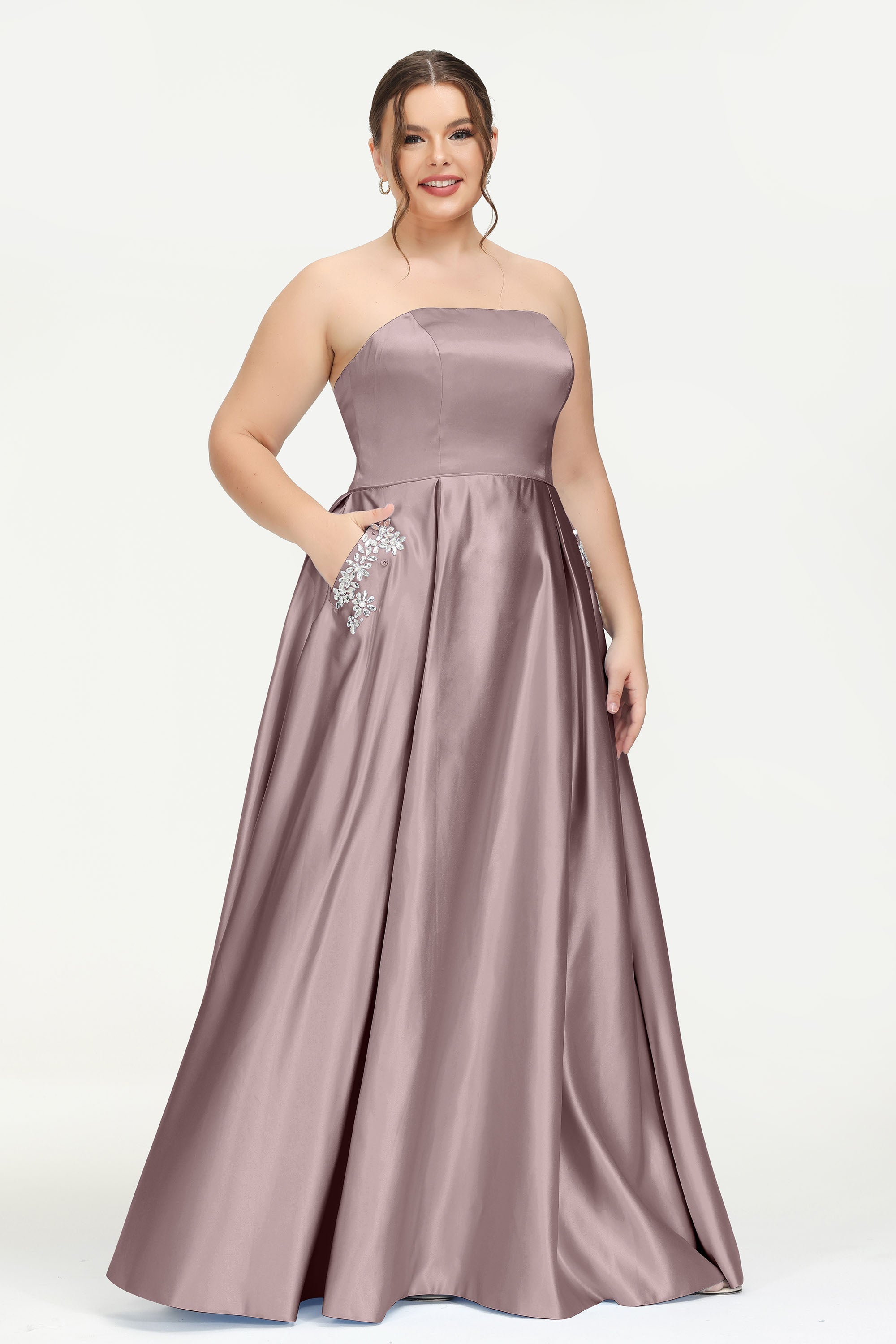 Strapless Satin A Line Princess Dress Rhinestone Ruched Formal Evening Prom Party Dresses