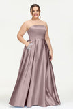 Strapless Satin A Line Princess Dress Rhinestone Ruched Formal Evening Prom Party Dresses