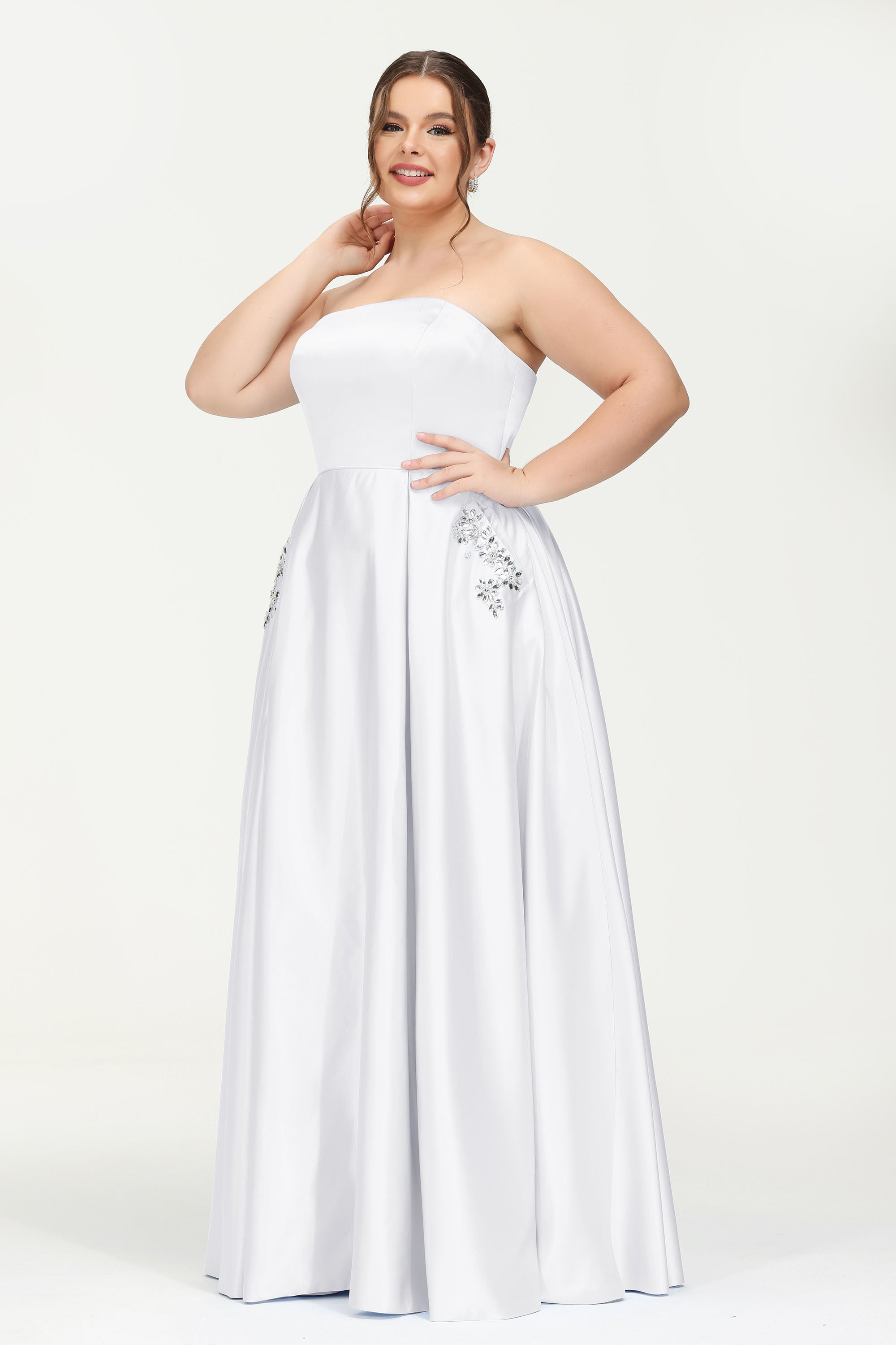 Strapless Satin A Line Princess Dress Rhinestone Ruched Formal Evening Prom Party Dresses