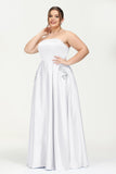 Strapless Satin A Line Princess Dress Rhinestone Ruched Formal Evening Prom Party Dresses
