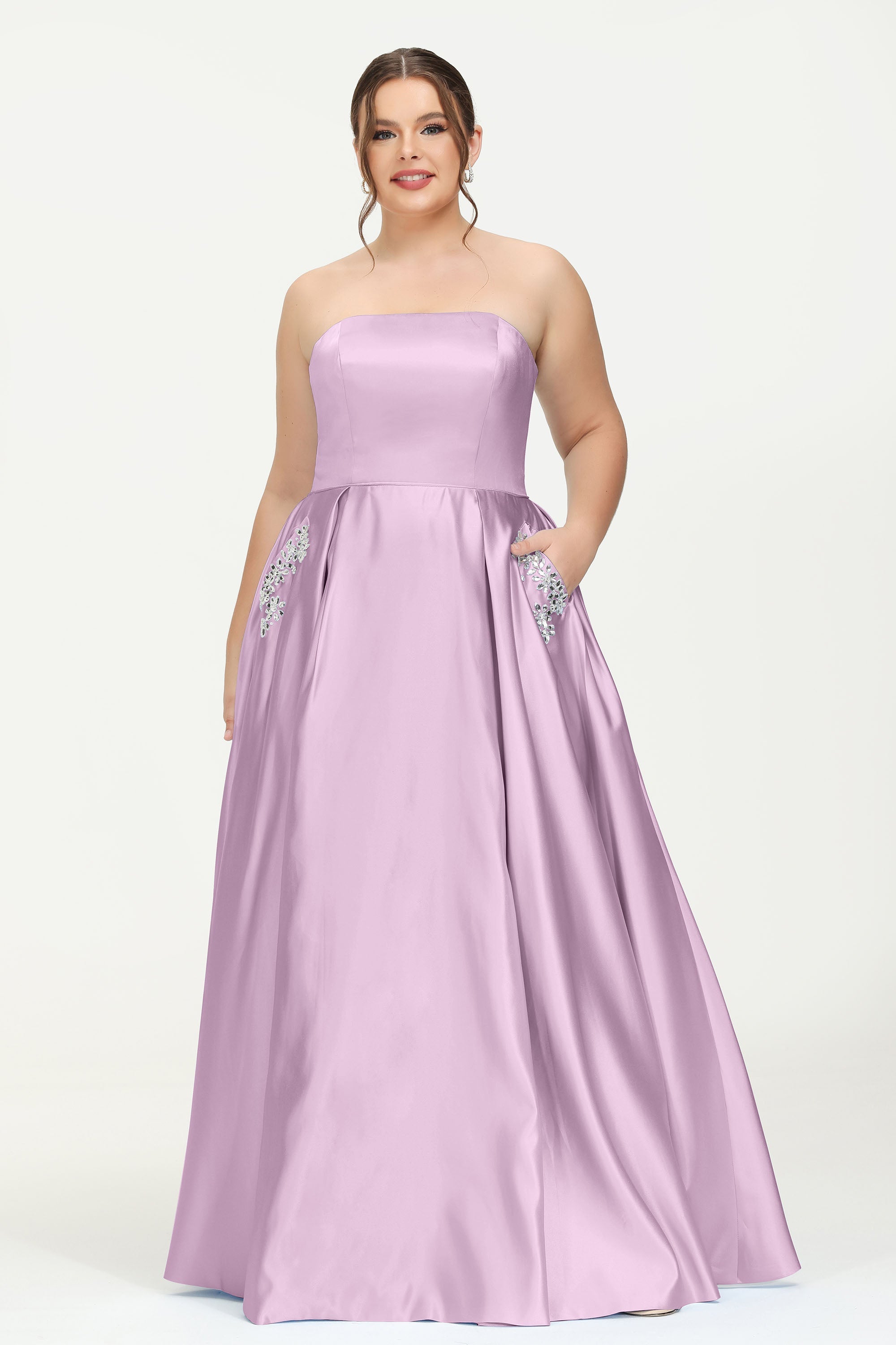 Strapless Satin A Line Princess Dress Rhinestone Ruched Formal Evening Prom Party Dresses