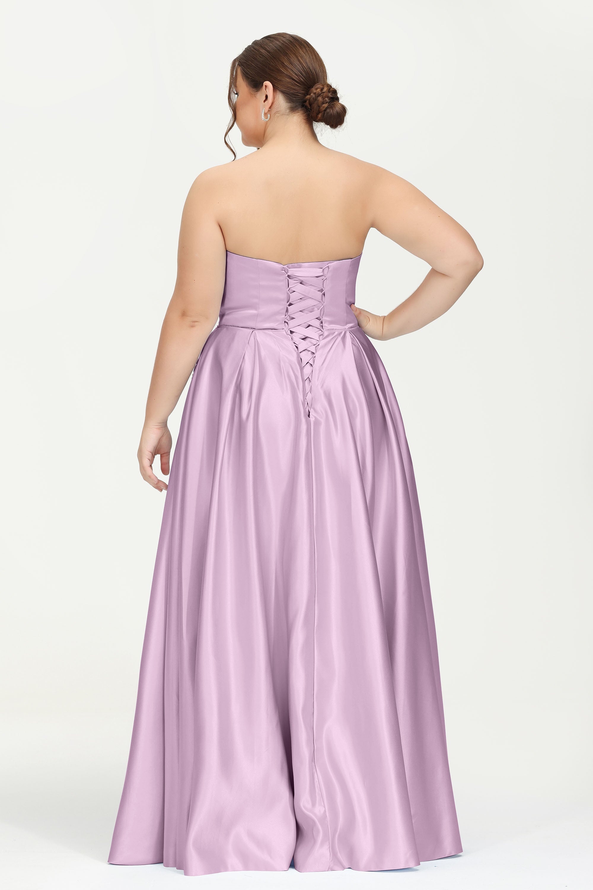 Strapless Satin A Line Princess Dress Rhinestone Ruched Formal Evening Prom Party Dresses