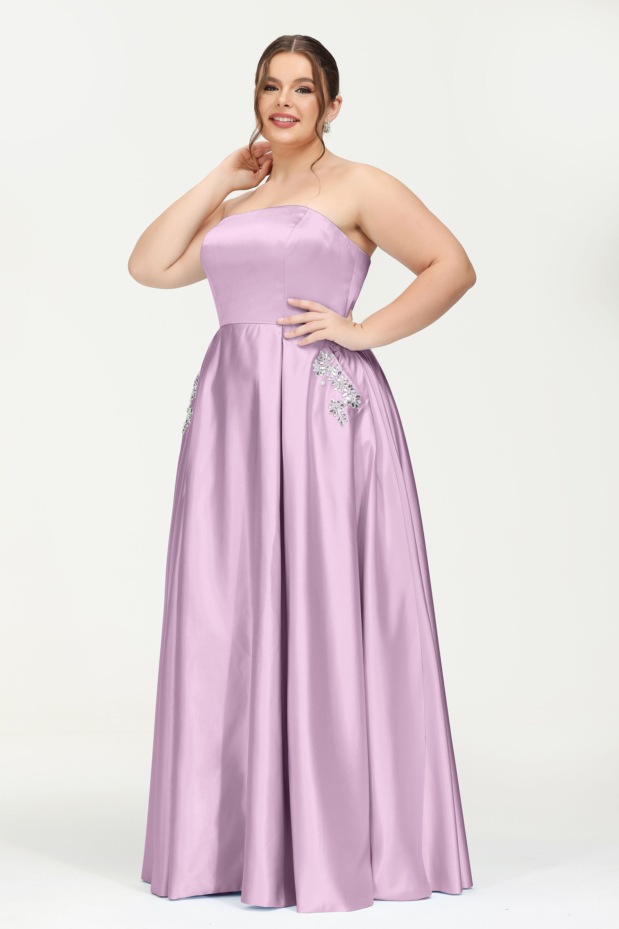 Strapless Satin A Line Princess Dress Rhinestone Ruched Formal Evening Prom Party Dresses