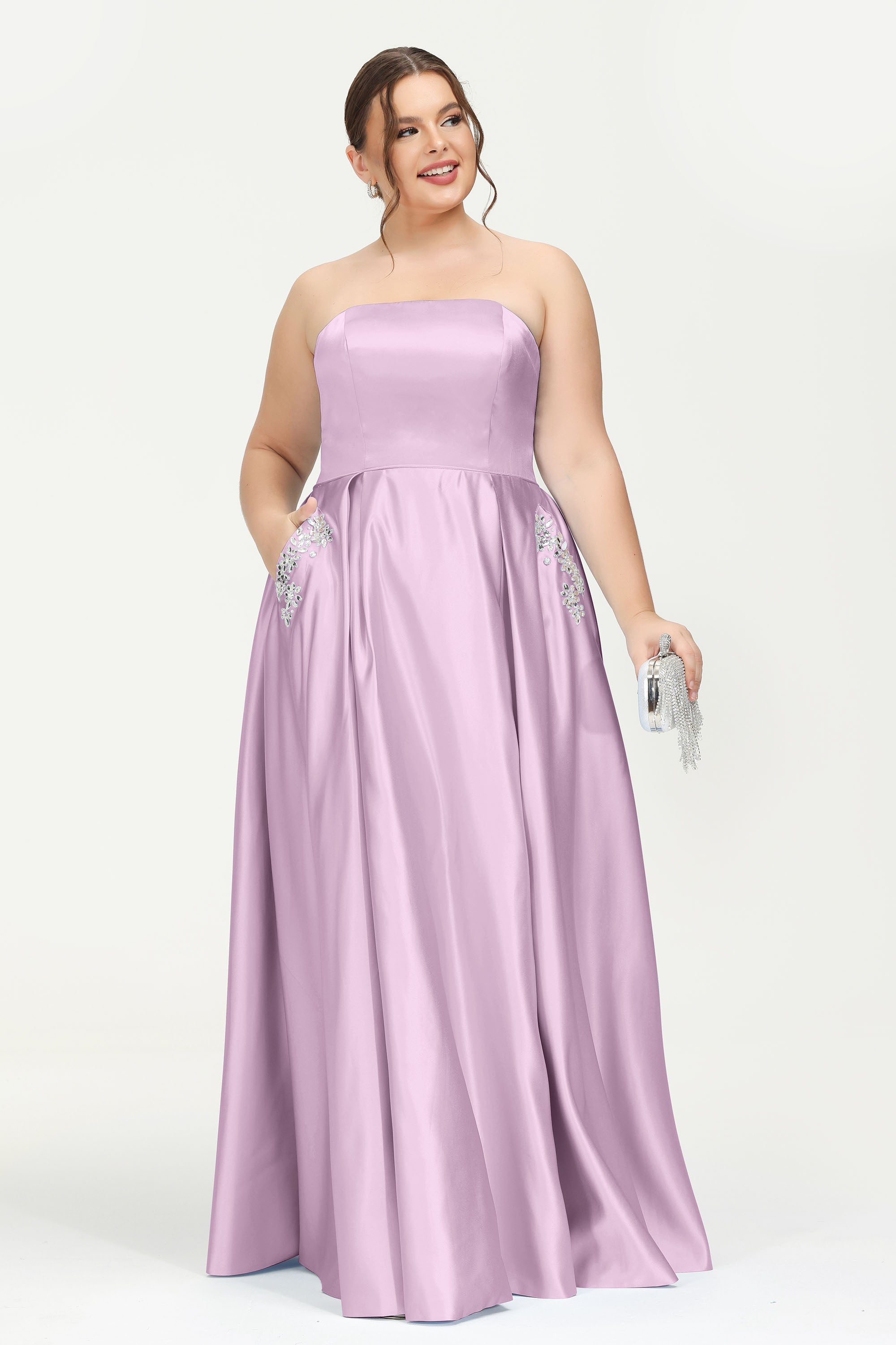 Strapless Satin A Line Princess Dress Rhinestone Ruched Formal Evening Prom Party Dresses