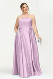 Strapless Satin A Line Princess Dress Rhinestone Ruched Formal Evening Prom Party Dresses