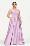 Strapless Satin A Line Princess Dress Rhinestone Ruched Formal Evening Prom Party Dresses