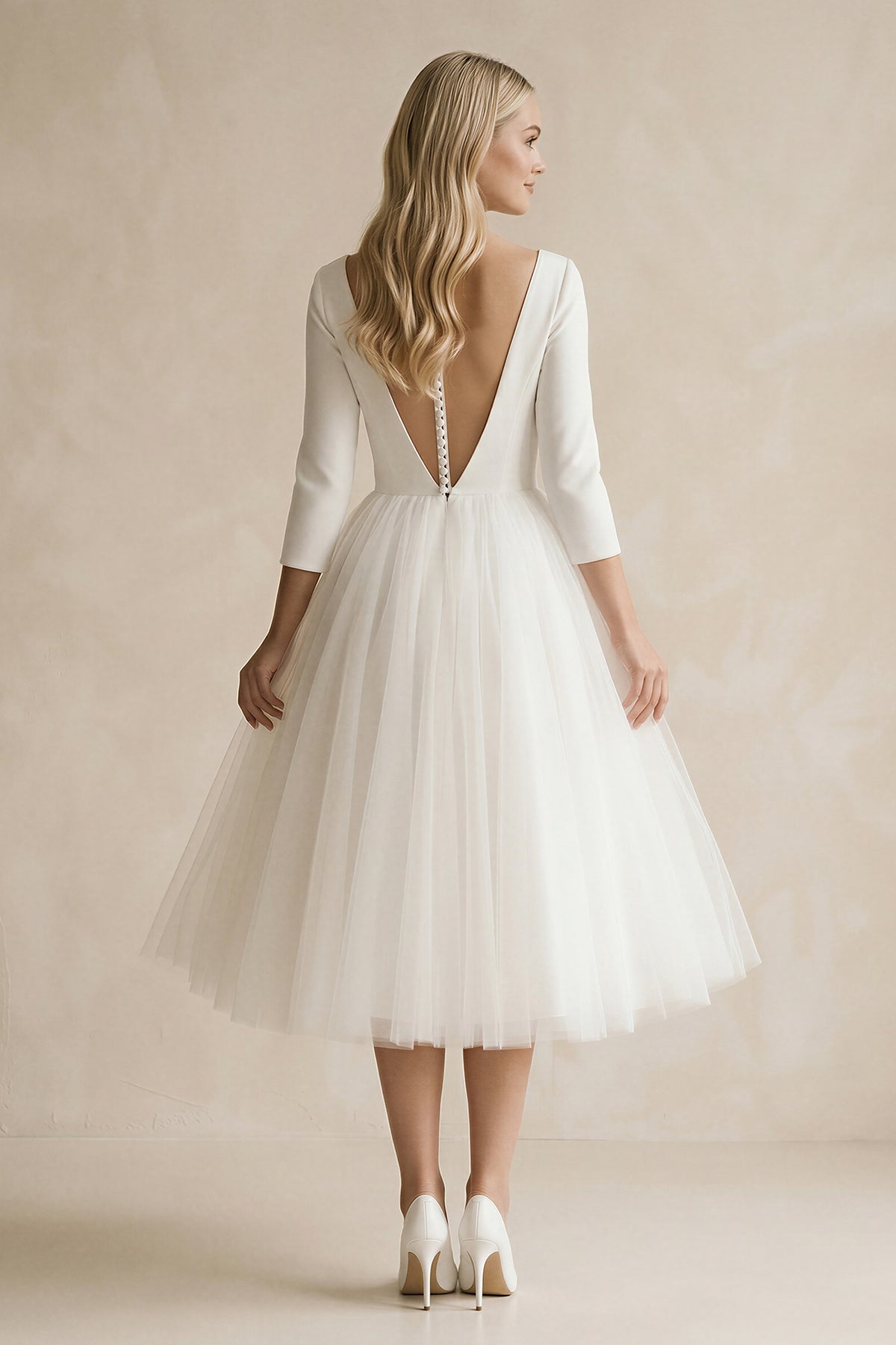 Vintage Short Casual Simple Long Sleeve A-line Tea-length Plunging Neckline Satin Wedding Dress