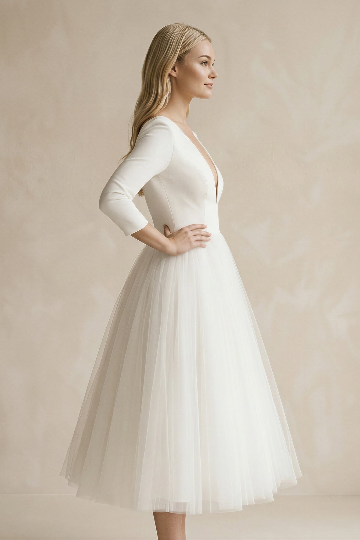 Vintage Short Casual Simple Long Sleeve A-line Tea-length Plunging Neckline Satin Wedding Dress