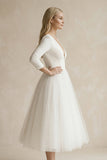 Vintage Short Casual Simple Long Sleeve A-line Tea-length Plunging Neckline Satin Wedding Dress