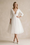 Vintage Short Casual Simple Long Sleeve A-line Tea-length Plunging Neckline Satin Wedding Dress
