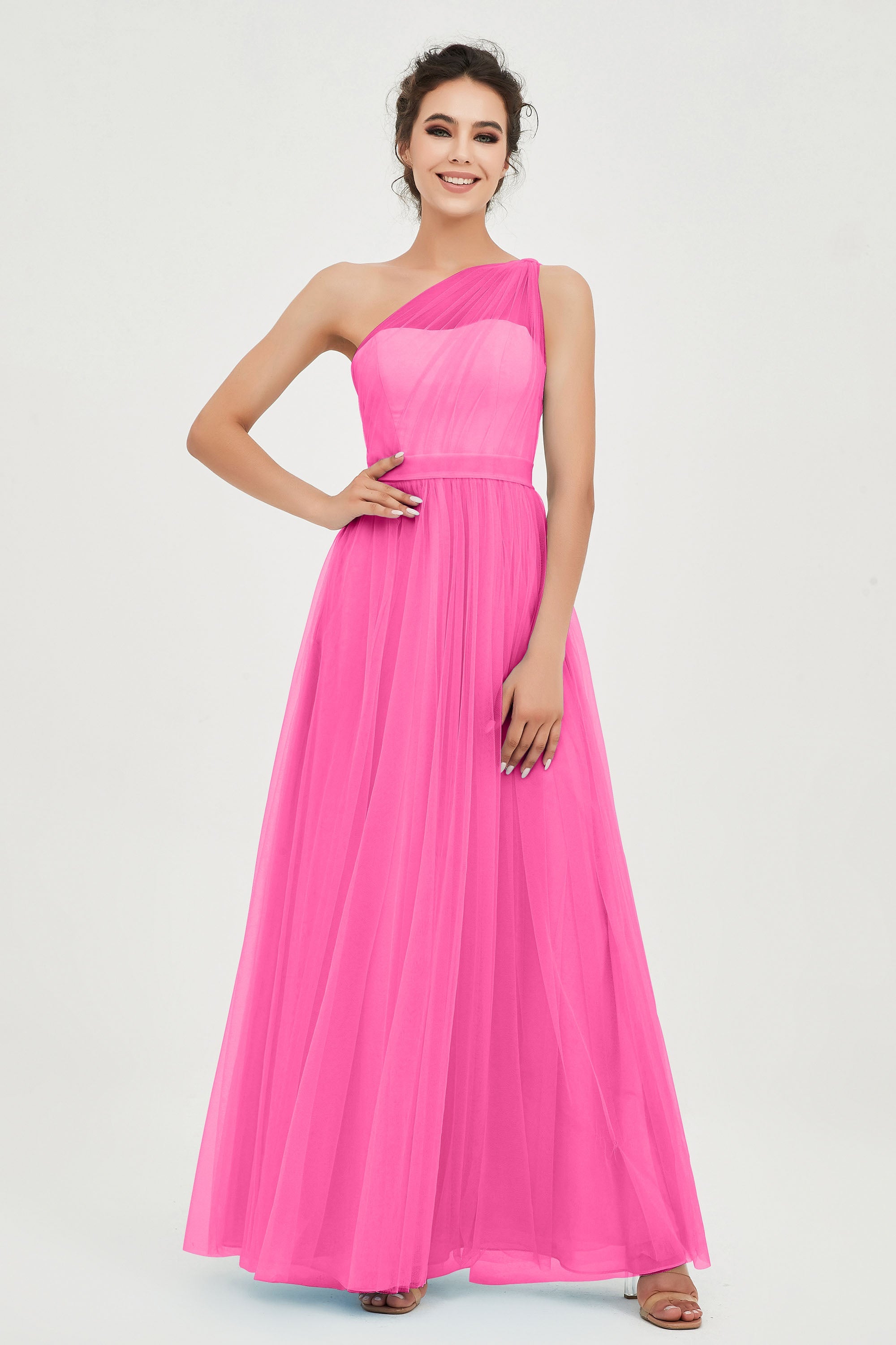 One Shoulder Tulle Ruched Bridesmaid Dress A Line Formal Evening Prom Dresses Gowns