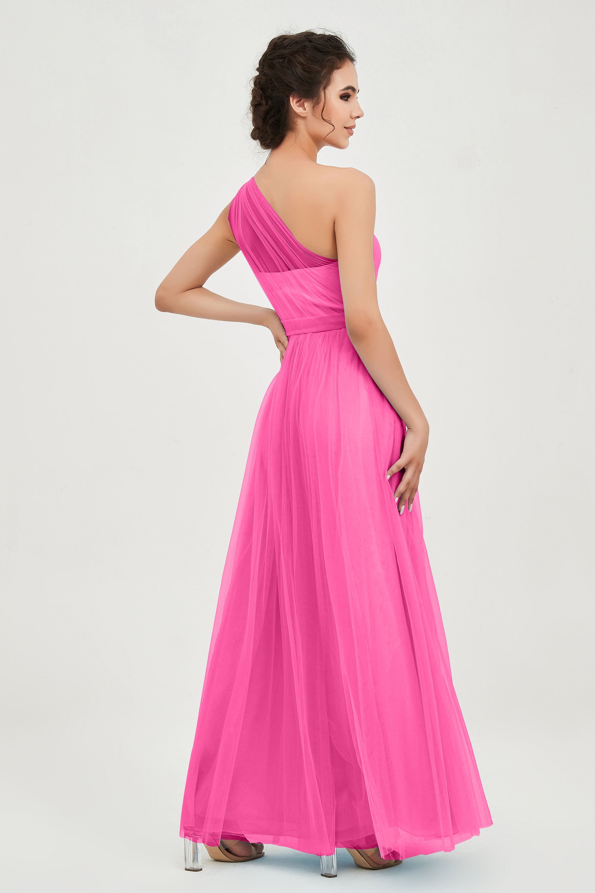 One Shoulder Tulle Ruched Bridesmaid Dress A Line Formal Evening Prom Dresses Gowns
