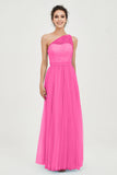 One Shoulder Tulle Ruched Bridesmaid Dress A Line Formal Evening Prom Dresses Gowns