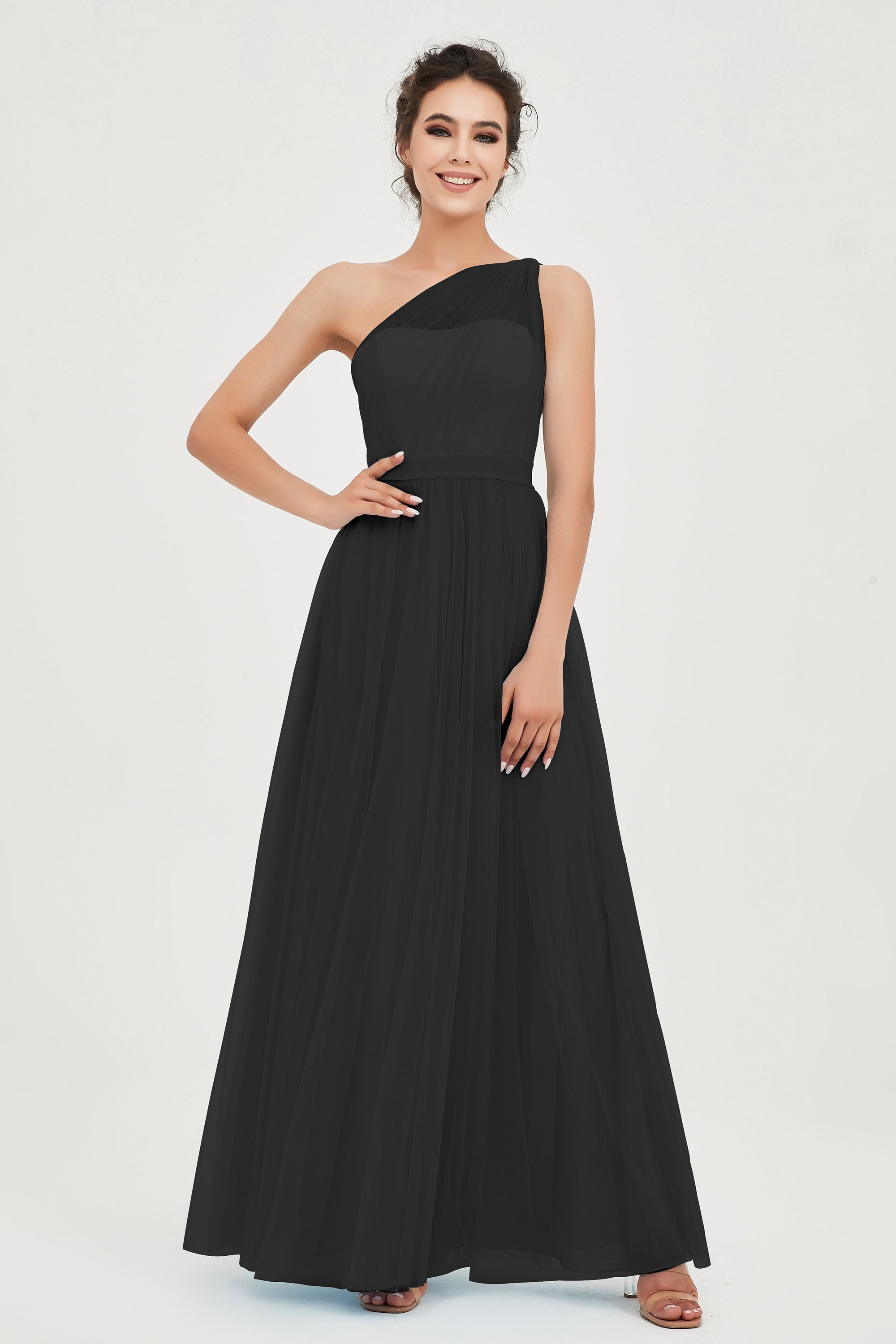 One Shoulder Tulle Ruched Bridesmaid Dress A Line Formal Evening Prom Dresses Gowns