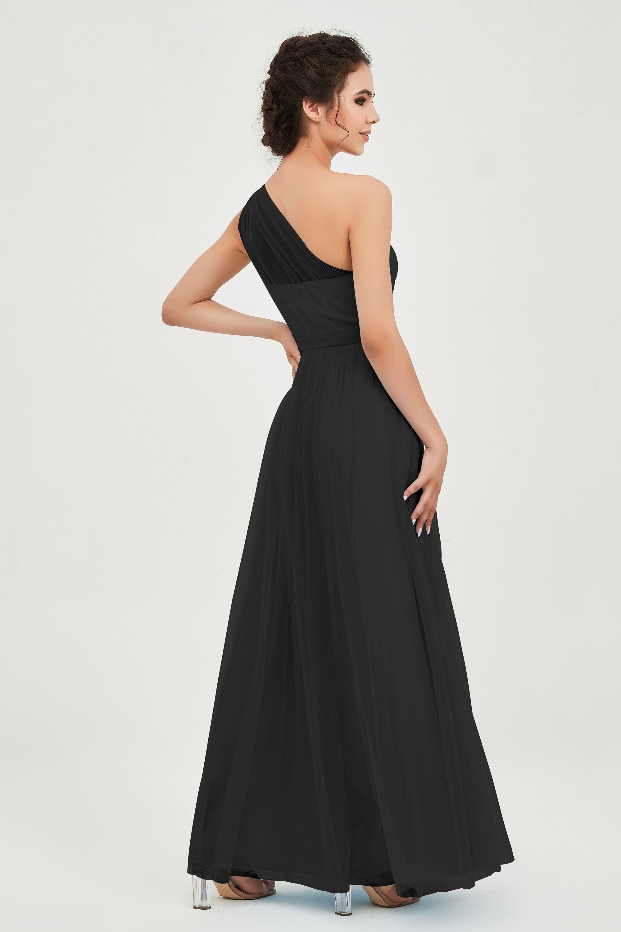 One Shoulder Tulle Ruched Bridesmaid Dress A Line Formal Evening Prom Dresses Gowns