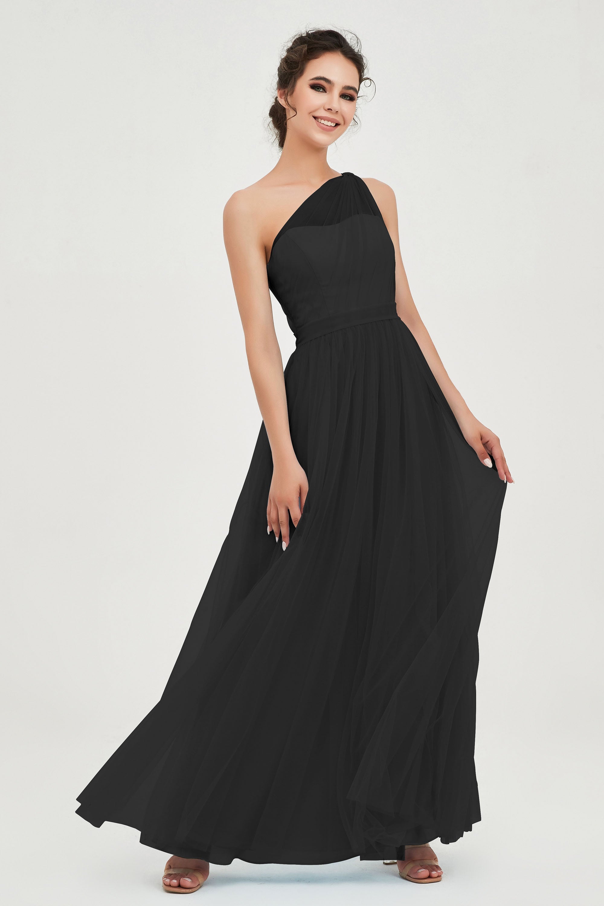 One Shoulder Tulle Ruched Bridesmaid Dress A Line Formal Evening Prom Dresses Gowns