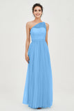 One Shoulder Tulle Ruched Bridesmaid Dress A Line Formal Evening Prom Dresses Gowns