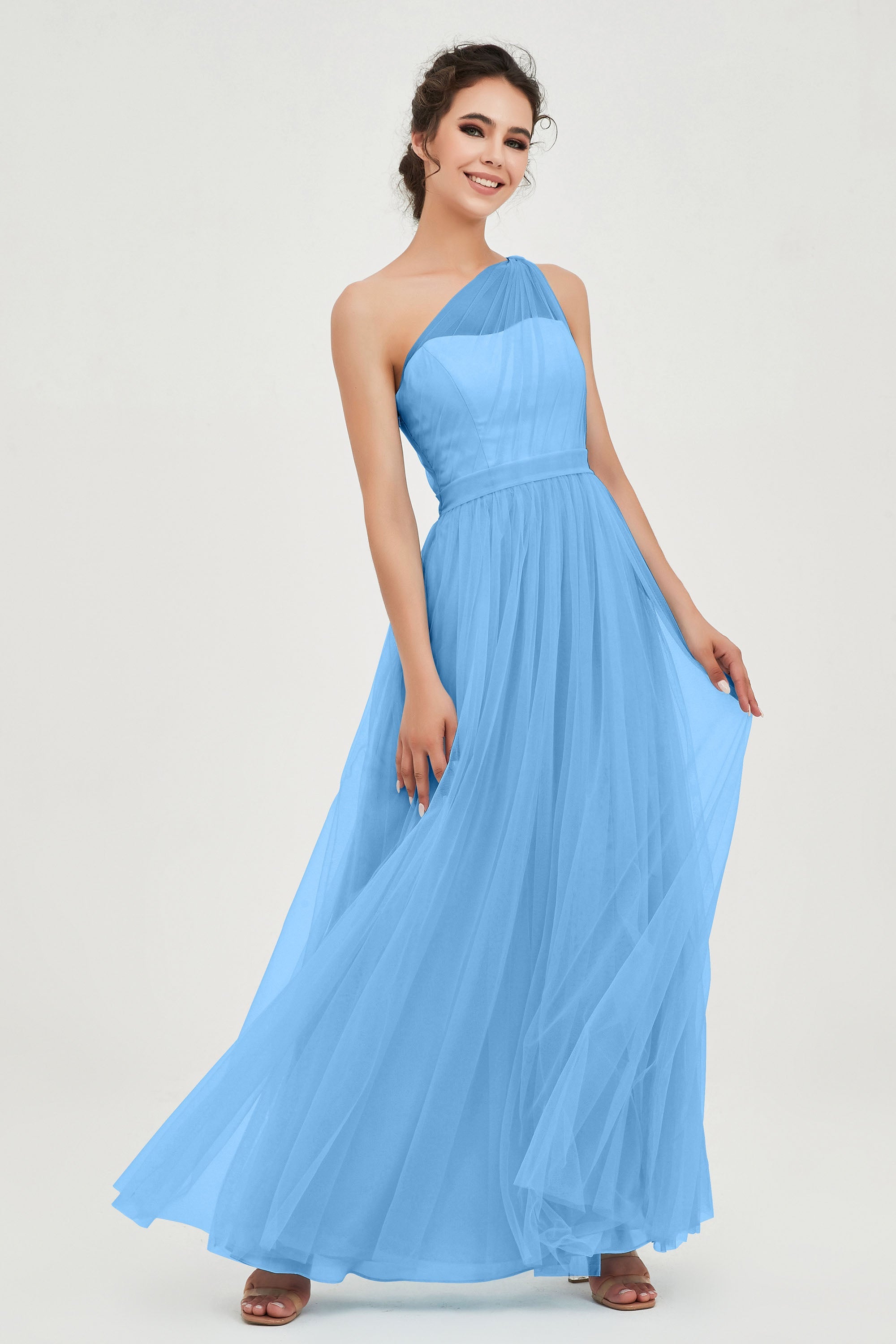 One Shoulder Tulle Ruched Bridesmaid Dress A Line Formal Evening Prom Dresses Gowns