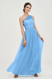 One Shoulder Tulle Ruched Bridesmaid Dress A Line Formal Evening Prom Dresses Gowns