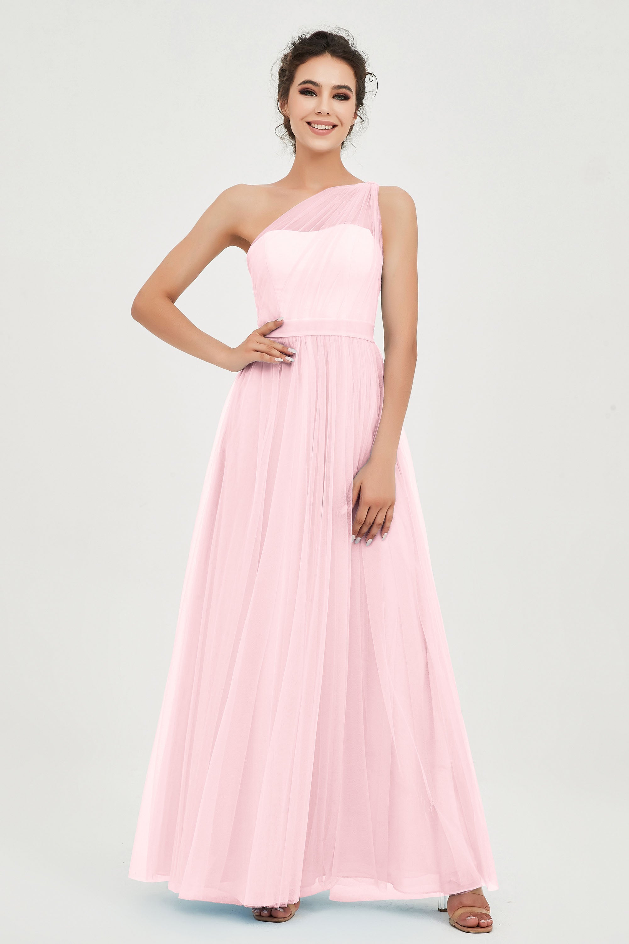 One Shoulder Tulle Ruched Bridesmaid Dress A Line Formal Evening Prom Dresses Gowns