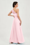 One Shoulder Tulle Ruched Bridesmaid Dress A Line Formal Evening Prom Dresses Gowns