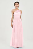 One Shoulder Tulle Ruched Bridesmaid Dress A Line Formal Evening Prom Dresses Gowns