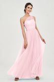 One Shoulder Tulle Ruched Bridesmaid Dress A Line Formal Evening Prom Dresses Gowns